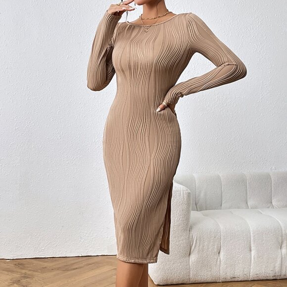 Honey Long Sleeve Slit Midi Dress - Picture 1 of 8